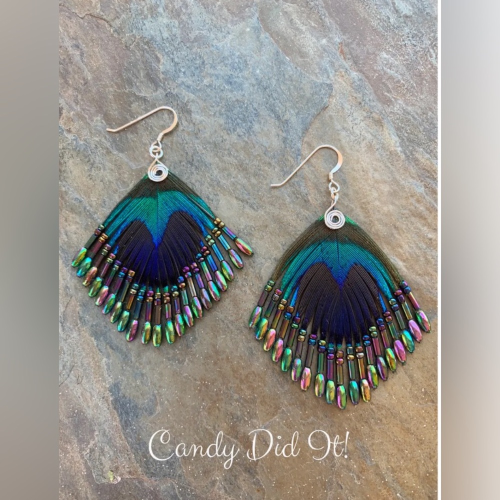 Genuine Handmade Peacock Feather Beaded Dangle Earrings By Candy Did It!
